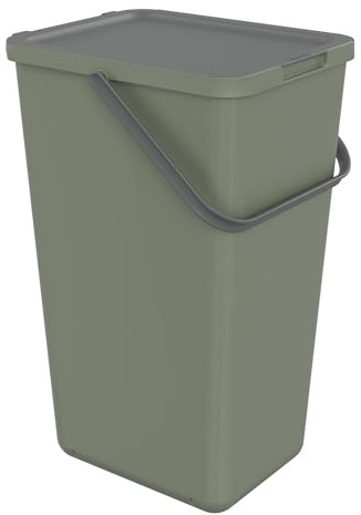 SUNDIS Loops, poubelle de tri sélectif d’intérieur 32L, rectangulaire, en plastique recyclé vert, avec couvercle, poignée, anse et stickers, pour cuisine, cantine, restaurant, salle de pause