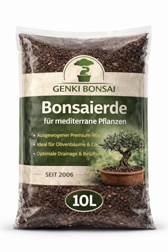 GENKI BONSAI Mediterrane Erde 10L für Olive, Granatapfel & Kübelpflanzen | Mineralisches Substrat, Mittelmeerstil, trockene Standorte & Winterquartier