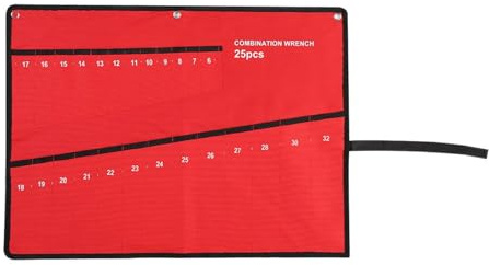 BOROCO Roll Up Storage Bag, 25 Pockets Red Canvas Spanner Wrench Roll Organizer with Secure Tie Straps for Screwdriver Pouch Holder, Portable Tool Case for Mechanics and DIY
