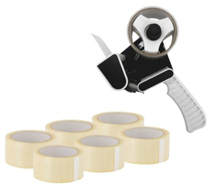 ARLI Handabroller Set mit 6 Rollen PP Klebeband 48 mm × 66 m leise abrollend transparent Paketband Abroller mit Pistolengriff für Kartons Versand Verpackung