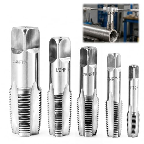 Jeu de Foret pour Filetage de Tuyau, Outil de Filetage de Tuyau, Ensemble Complète de 5 Tarauds en Acier Premium pour Filetage BSP 55 Degrés – Tailles Incluses G1/8, G1/4, G3/8, G1/2, G3/4