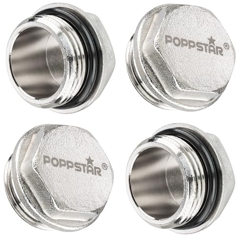 Poppstar Messing Blindstopfen (BSP AG 3/4 (26,44mm), bis 50bar, 26mm Sechskant) mit selbstdichtendem O-Ring 3/4, 4 Stück