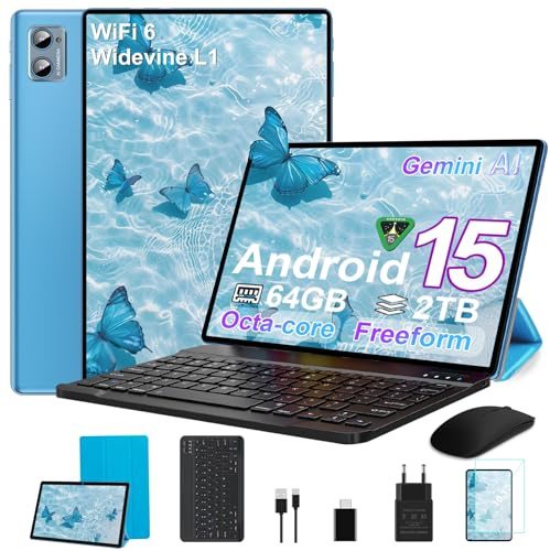 SUAAT 2026 Tablet 10 Pollici Android 15 Octa Core Tablet con 64 GB ROM + 2 TB TF | 5G + 2,4G WiFi | GMS | Bluetooth 5.0 | 8 MP + 5 MP | Tipo C, Tablet touchscreen con custodia, tastiera e mouse - Blu
