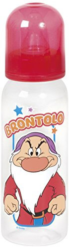 LULABI DISNEY 7 Dwarfs - Biberon en plastique robuste avec photo de Blanche-Neige Grincheux, tétine souple, sans BPA, biberon pour bébés et jeunes enfants, capacité 240 CC - Rouge/Clair