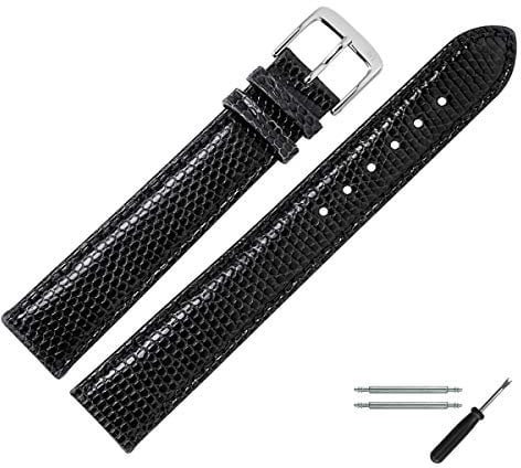 MARBURGER Uhrenarmband 20mm Leder Schwarz Silber XL Eidechse Prägung Mit Naht - Montage Set 8082010000120