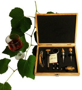 Wood&Design Set Sommelier Professionale da 7 Pezzi in pregiato Legno di ulivo Italiano, Made in Italy -per Amanti del Vino -Idea Regalo per Festa del papà, Compleanni, anniversari e Altre occassioni