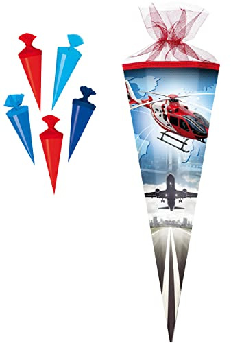 Set Schultüte + 5 kleine Zuckertüten - Helikopter - Flugzeuge/Hubschrauber - 70 cm - Filzabschluß - Zuckertüte - mit/ohne Kunststoff Spitze - Nestle..