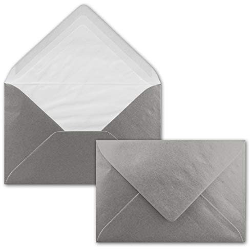 50 Briefumschläge Silber Metallic Glänzend - DIN C6 - gefüttert mit weißem Seidenpapier - 90 g/m² - 11,4 x 16,2 cm - Nassklebung - NEUSER PAPIER