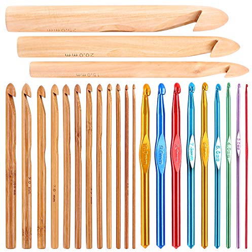 Glarks 24Pcs Crochet Hooks Set, 15Pcs 3 to 25 mm Wooden Bamboo Crochet Needle Knitting Hooks with 9Pcs 2 to 10 mm Aluminum 2-10 mm Handle Crochet Hooks for Sweater Hat Scarve Glove Knitted Weaving