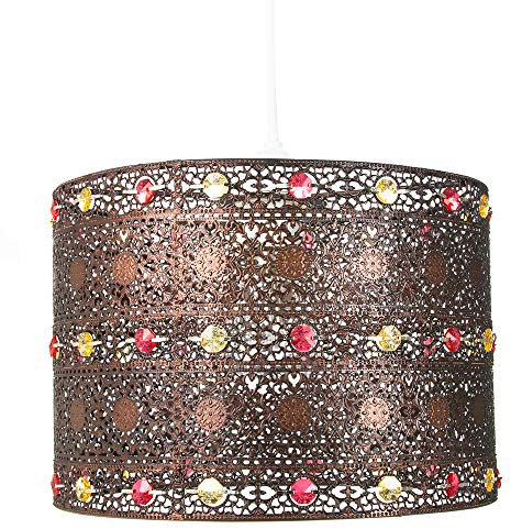 Antique Bronze Acrylic Gem Moroccan Style Chandelier Pendant Light Shade Fitting with Red and Amber Beads | 60w | 24cm Diameter | Quality Made Product by Happy Homewares