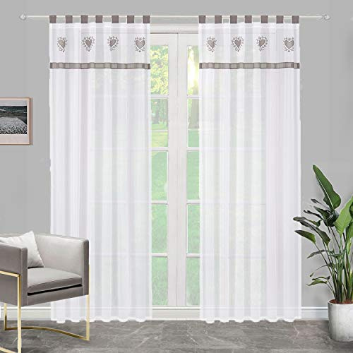 SIMPVALE 2er Set Vorhänge mit Schlaufen - Gardine Voile mit süßem Herz Stickerei - Fensterbehandlung für Schlafzimmer Wohnzimmer Kinderzimmer Balkon, Grau, 140x245cm
