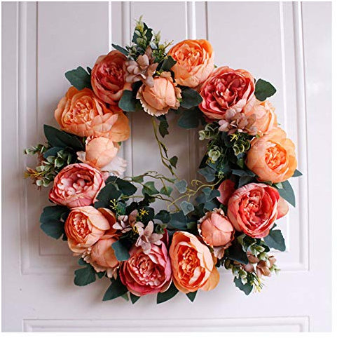 GUOCU Künstlich Simulation Blumen Pfingstrose Deko Kranz Türkranz Wandkranz Handgefertigt Kranz Blumenkranz Künstliche Dekorative für Frühling Sommer Orange Durchmesser 40cm