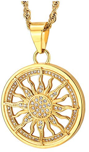 COOLSTEELANDBEYOND Edelstahl Herren Damen Große Goldfarben Flamme Feuer Sonne Klinge Kreis Anhänger Halskette mit Zirkonia, 75cm Seil-Kette