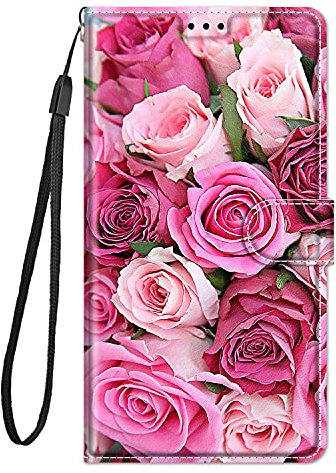 Guxira Coque Cuir pour iPhone SE 2022 5G / iPhone SE 2020 / iPhone 7/8 Étui à Rabat Motif pour Filles, Portefeuille Housse avec Case 360 Degrés Silicone Antichoc Protection Cover Cuir - Rose Fleur