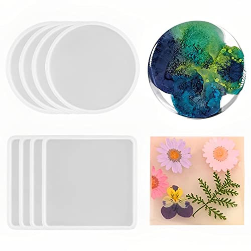 Kangbaz Untersetzer Epoxidharz Silikonformen 8pcs Set - 4pcs Runde Untersetzer Silikonformen und 4pcs Platz Untersetzer Harz Formen, Harz Gießen Untersetzer Formen