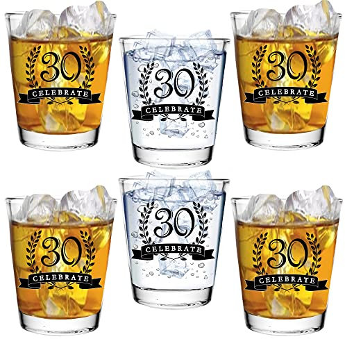 Bisyata 30th Birthday Shot Glass Gift Set for Him or Her - 30 Birthday Party Decorations for Women or Men - 2oz Shot Glasses - Set of 6 - With Gift Box