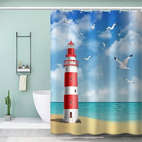 NUYSP Möwe Duschvorhang Polyester Textil Waschbar Duschvorhänge 240x200 cm mit 12 Hooks Anti-Schimmel Wasserabweisend Badvorhang Sommer Ozean Badewanne Vorhang für Badezimmer