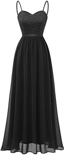 DRESSTELLS Abendkleider Elegant für Hochzeit Schwarz Festlich Ballkleid Damen Lang Brautkleid Standesamt Brautjungfernkleider mit Spaghettiträger Jugendweihe Kleider Black M