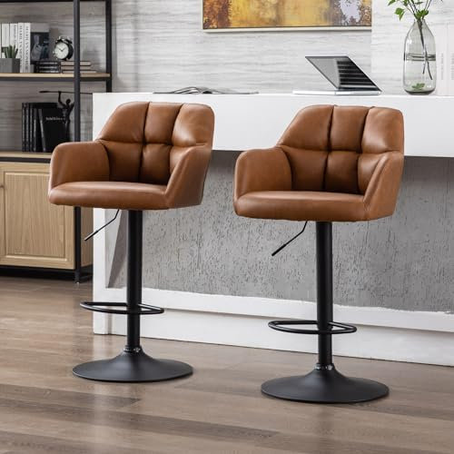 chairus Barhocker 2er Set PU Leder Sessel Barstuhl Ergonomischer 360° Drehbar Tresenhocker Küche Verstellbarer Höhe Bistrohocker (Braun(PU Leder-Armlehne))