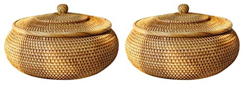 Bassulouda 2X Caja Redonda de Ratán, Cesta de Mimbre para Frutas Tapa, Bandeja para, Bandeja para Almacenamiento