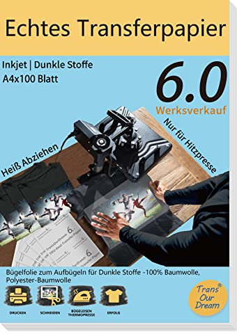 TransOurDream Echte Inkjet Transferfolie,Bügelfolie für Dunkle T-Shirts,für Hiztepresse,DIN A4X100 Blatt,T-Shirt Papier für Dunkle Stoffe,Textilien(D-3-6.0-100)