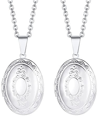 Weenkeey 2 pièces emballé avec des images collier de verrouillage ovale en acier inoxydable Pendentif de verrouillage ovale collier mémoire photo Pendentif Femme collier fille - style 1 argent