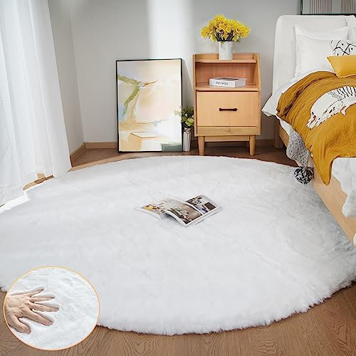 ORINOVA Teppich Wohnzimmer Rund Waschbar 180 cm Flauschig Weiß Fellteppich Kunstfell Teppich Schlafzimmer Kinderzimmer Kurzflor Kuschlig Groß Gegend Deko