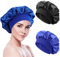 2 Pieces Bonnet Satin Cheveux Nuit, pour Femme, Bonnet en Satin à Bande Élastique Douce (Noir+Bleu)