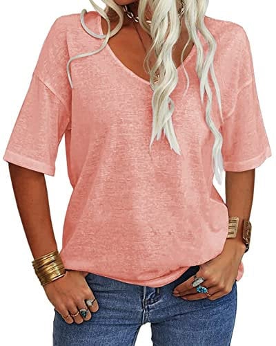 Tankaneo T-shirt à manches courtes pour femme - Col en V - Décontracté - Basique - Hauts d'été à manches mi-longues - Tunique surdimensionnée - Rose foncé - S, Poudre profonde, S