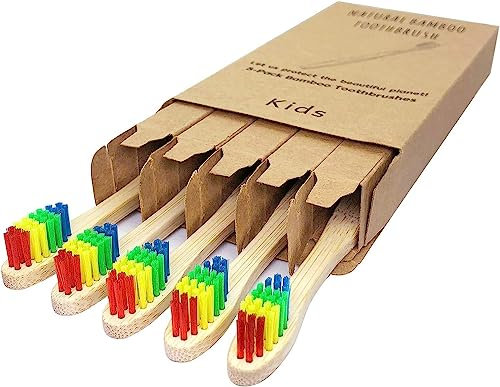 Kinder-Zahnbürsten-Set, Bambus, 5 Stück, weiche Borsten, manuelle Zahnbürsten für Kinder (Rainbow 5 Pack)