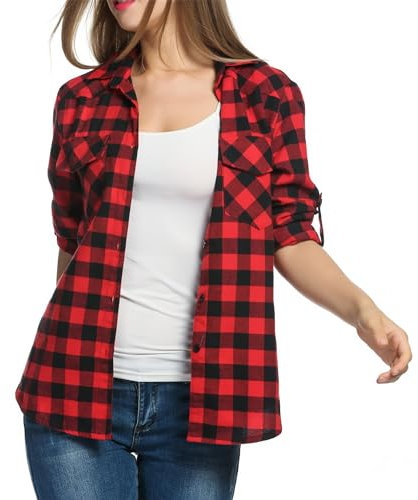 Timuspo Flanellhemd Kariertes Hemd mit Knopfleiste Langarm Oktoberfest Bluse Karo Tunika Baumwolle Tops Casual V-Ausschnitt Oberteile Rot/L