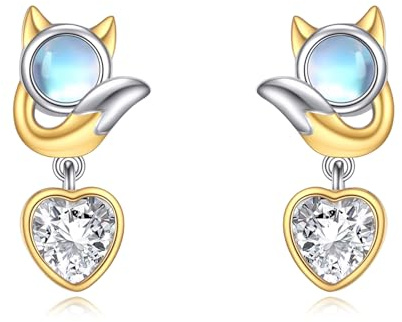 Katze/Fuchs/Frosch Mondstein Ohrringe Sterling Silber Herz Ohrstecker Tierschmuck Geschenke für Frauen Mädchen