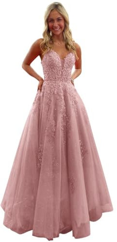 Beyonddress Tulle Dentelle Appliques Robes de Soirée pour Femmes Élégante Longue Col en V Robes de Bal Party Robes Formelles, Vieux rose, 38