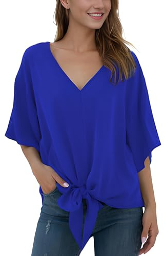 Anelune Ladies' Chiffon Blouses Short Sleeves Summer Tops | V-Neck, Tie Front, Batwing Sleeves, Loose Casual, for Women UK, T-Shirts