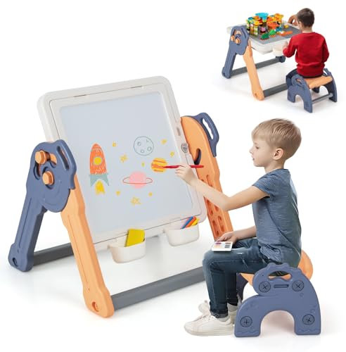 COSTWAY Kids Table and Chair Set, Toddler Art Easel with Storage, Double-Sided Tabletop, 100+ Building Blocks, 6 in 1 Multi-Activity Children Play Tables for Boys Girls