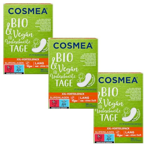 Cosmea Slipeinlagen Bio & Vegan Lang 38 Stück | Für unbeschwerte Tage aus 100% Bio-Baumwolle | Ohne Duft (3er Pack)