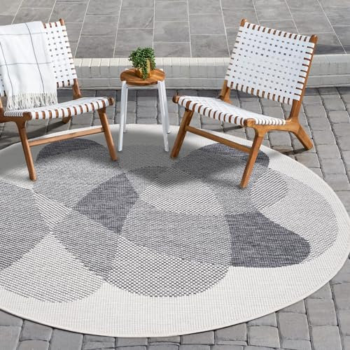 payé In- & Outdoor-Teppich - Grau Creme - 160x160cm Rund - Wendeteppich - Abstraktes Muster - Wetterbeständig für Balkon Terrasse - Indoor Teppiche Wohnzimmer Küche