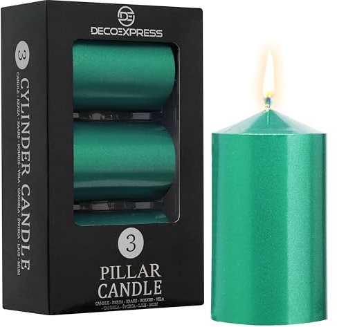 DECO EXPRESS Stumpenkerzen Set, 3er-Pack Metallic Kerzen, Lange Brenndauer 30 Stunden, Geruchslos & Rußarm, Deko Kerzen für Weihnachten, Adventskranz & Besondere Anlässe' (Metallic Salbei - 3er-Pack)
