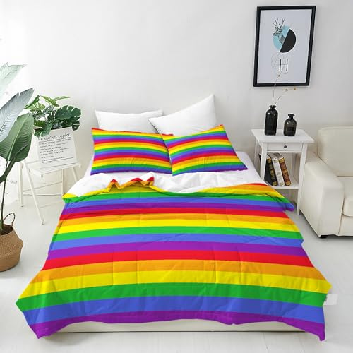 ANHOPE Bunte Regenbogen Linien Bettwäsche Set 3 Teilig Bettbezug 155x220 cm + 2 Kissenbezug 80x80 cm Weich Microfaser Bettbezüge Set mit Reißverschluss Bettdeckenbezug für Kinder Mädchen