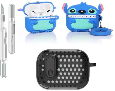 LEWOTE Custodia protettiva 3 in 1 compatibile con Apple AirPods Pro (2a/1a generazione) con kit di pulizia e portachiavi (Stitch), nero