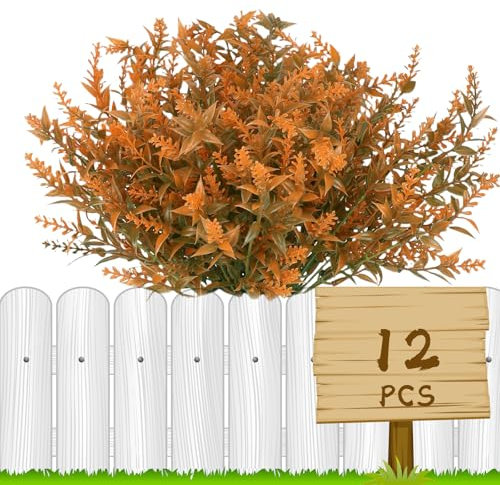 HBell 12 Bundles Artificial Fall Flowers No Fade Faux Autumn Plants,Fake Indoor Outdoor Greenery for Thanksgiving Halloween Christmas Wedding Party Home Garden Décor (Light)
