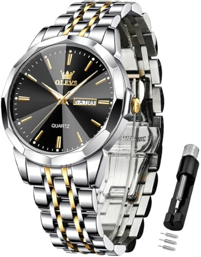 OLEVS Herrenuhren mit Datum Kalender Geschäft Quarz Armbanduhr Analog Edelstahl Wasserdicht Leuchtend Zwei-Farbig Casual Armbanduhr