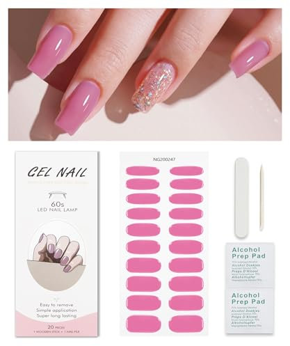 Bright Pink Gel Nail Strips, KALEFUL Semi Cured Gel Nail Stickers Nail Art Decoration Design Supplies