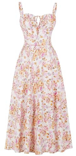 Odizli Abito lungo da donna, estivo, senza maniche, con spalline sottili, bohémien, con spacco, Bianco Rosa Giallo, XS