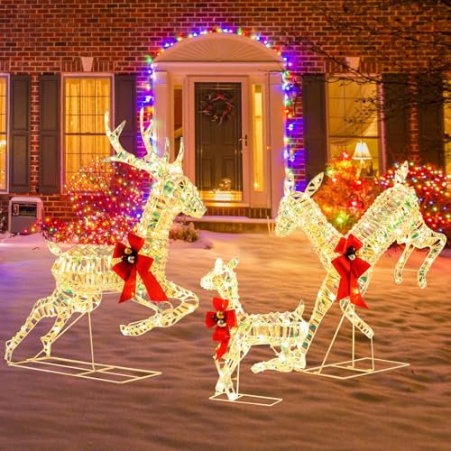 COSTWAY Light Up Reindeer Family, 3 Pieces Garden Christmas Figure Decorations with 230/255 Warm White Lights, Pre-Lit Xmas Ornament for Holiday Festivel (Medium, Running Posture)