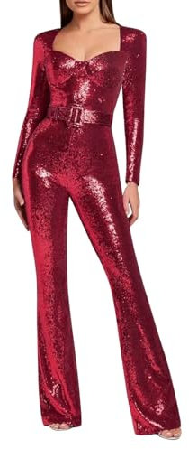Damen Jumpsuit Pailletten Glitzer Langarm Hosenanzug Elegant Hochzeit Romper Playsuit Festlich Lang Overall Party Casual Hohe Taille Jumpsuits Clubwear