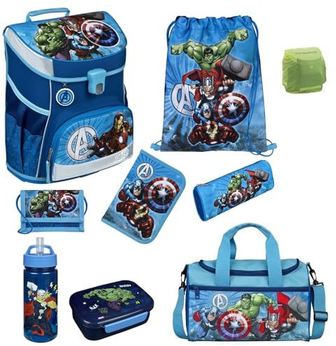 Familando Jungen Schulranzen 1. Klasse · Scooli Campus Fit Schultasche · ergonomisch & leicht · Schulranzen Set für Jungs und Mädchen (9-teiliges Set mit Sporttasche, Marvel Avengers Hell-Blau)