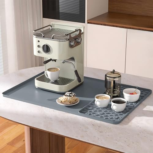 SOQKEEN Silikonmatte Kaffeemaschine, 60x40 cm Große Hitzebeständige, rutschfeste Silikonmatte, Matte Kaffeemaschine mit 40x19.5 cm Abnehmbarer Geschirr Abtropfmatte Kaffee Zubehör Grau