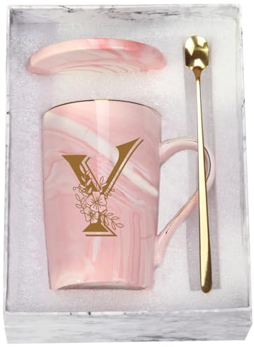 WENSSY Pink Y Letter Y with Flower 14 Ounce Personalized Initial Mugs, Novelty Coffee Mugs for Women, Bridal Shower Gifts, Women's Initials Gifts, Dishwasher Safe, 14 Ounces, 1 Count