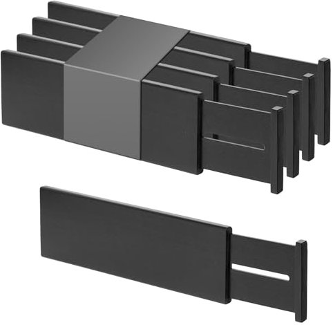 Utoplike Lot de 4 séparateurs de tiroir surélevés en bambou réglables, grands inserts en bois à ressort, pour ustensiles, cosmétiques dans la cuisine, la salle de bain et la chambre à coucher, noir